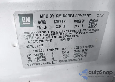 2016 Chevrolet Trax Lt from USA, damaged, VIN KL7CJPSB1GB754604